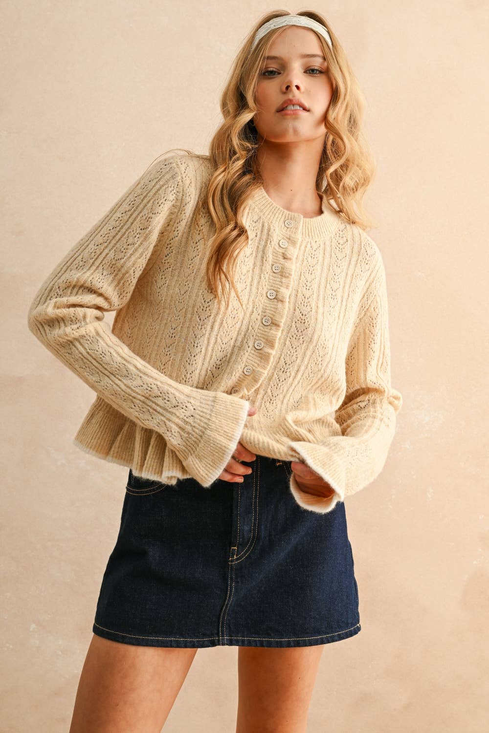 A New Arrival BUTTON FRONT RUFFLED DETAIL SWEATER CARDIGAN: BUTTER