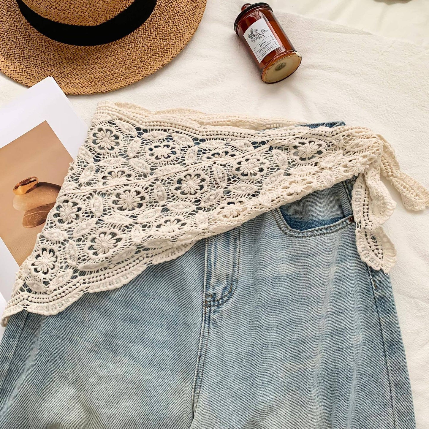 Cut Out Lace Crocheted Triangular Scarf: Apricot-1 / M