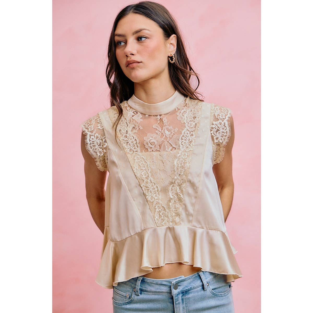 A New Arrival SATIN MOCK NECK LACE TRIM PEPLUM BLOUSE TOP: CREAM