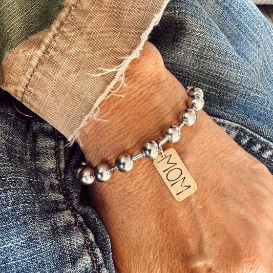 Hand Stamped MOM Brass Tag Bracelet: 7.5