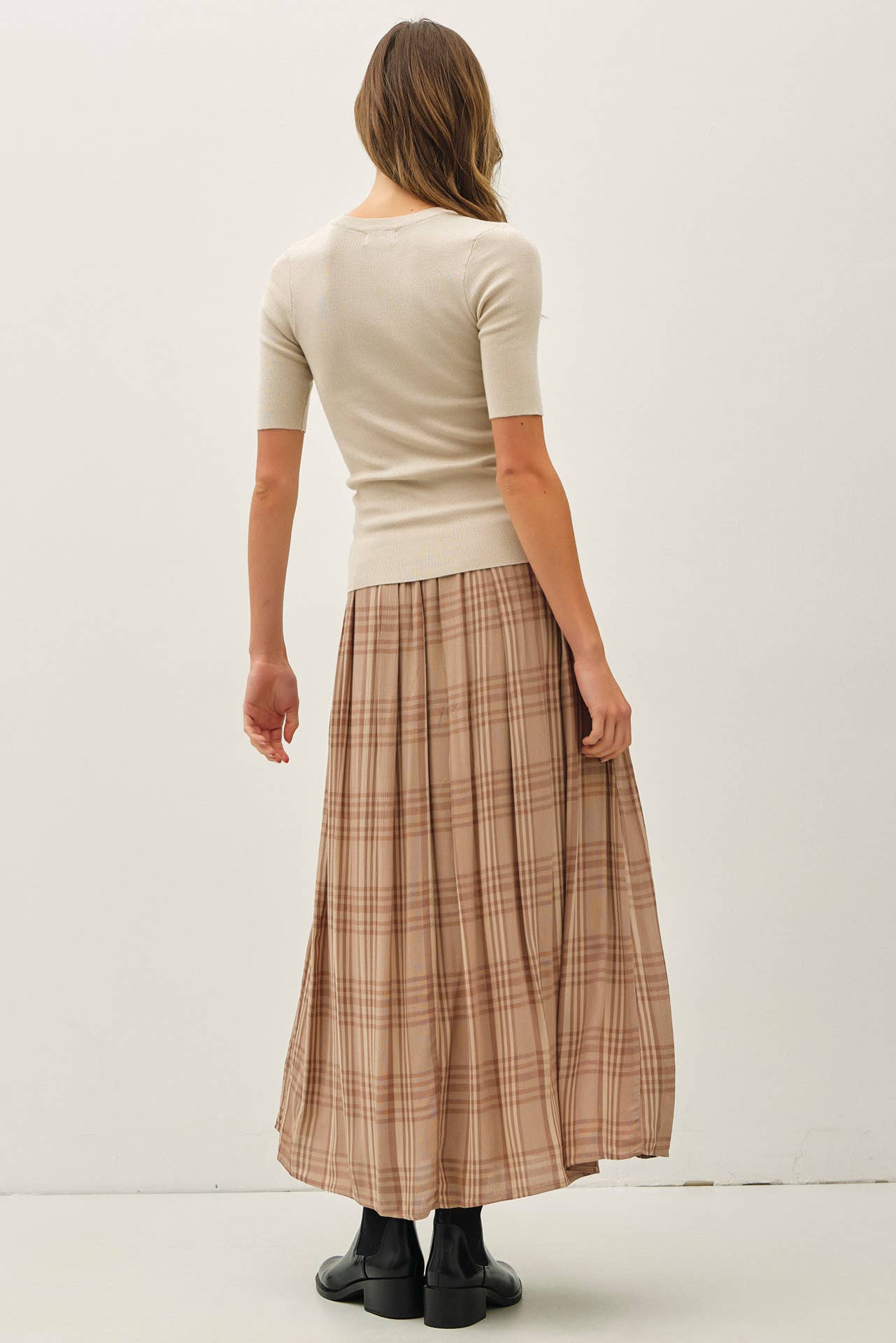 PLAID PRINTED PLEATS MIDI SKIRT : SPRUCE