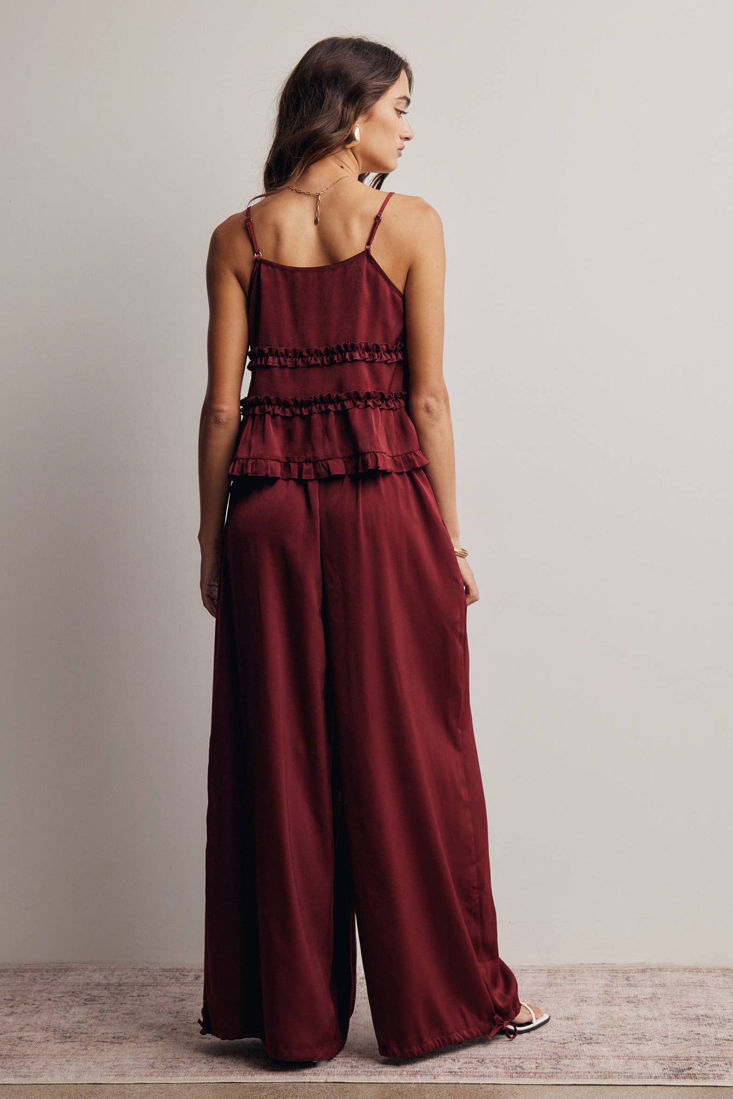 A New Arrival Ruffle Trim Tie Front Cami Top: Burgundy / Contemporary
