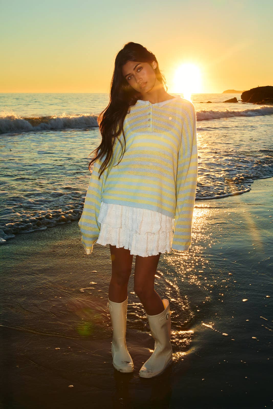 A New Arrival                 LONG SLEEVE ROLLED HEMLINE DETAIL STRIPE HALF BUTTON SWEATER: BLUE-YELLOW STRIPE