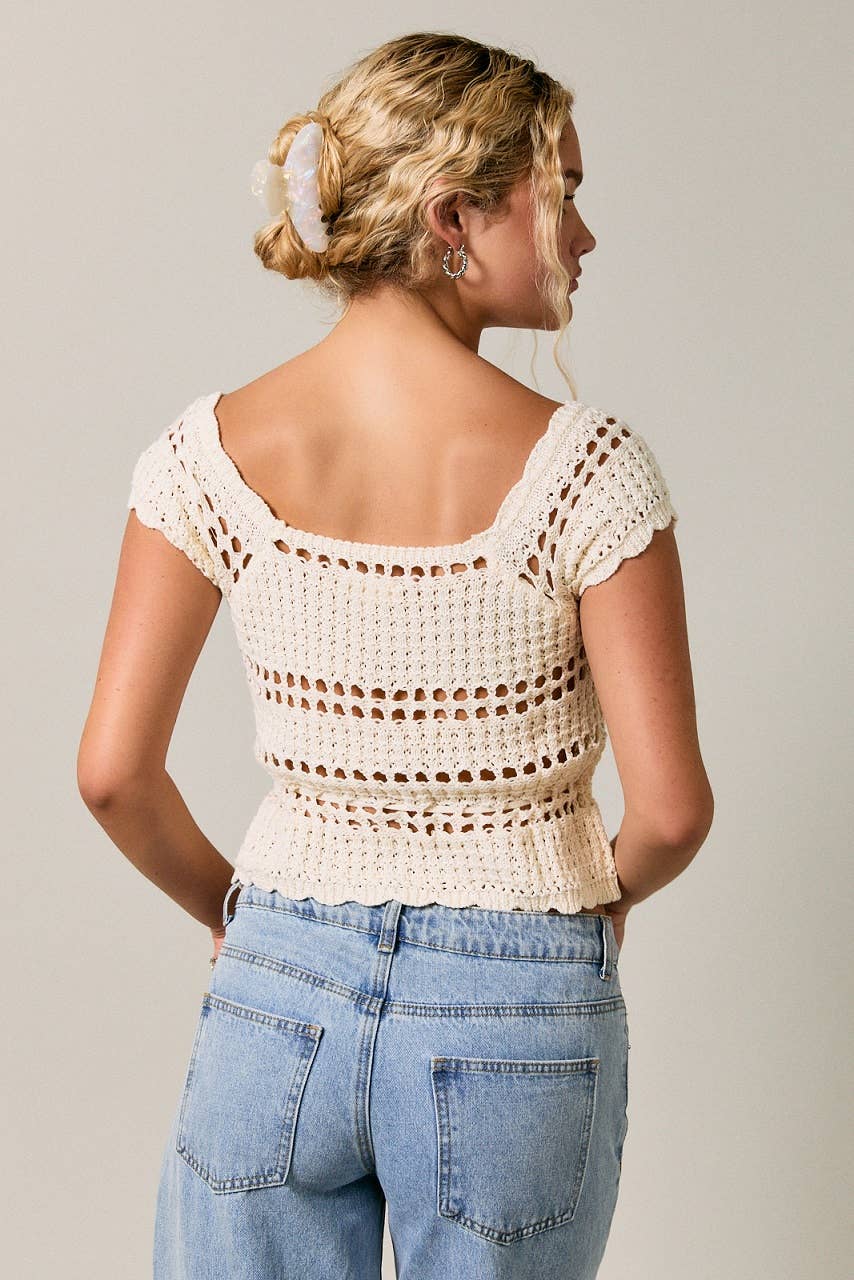 A New Arrival: SQUARE NECK WAIST TIE CROCHET SLEEVELESS TOP: CREAM