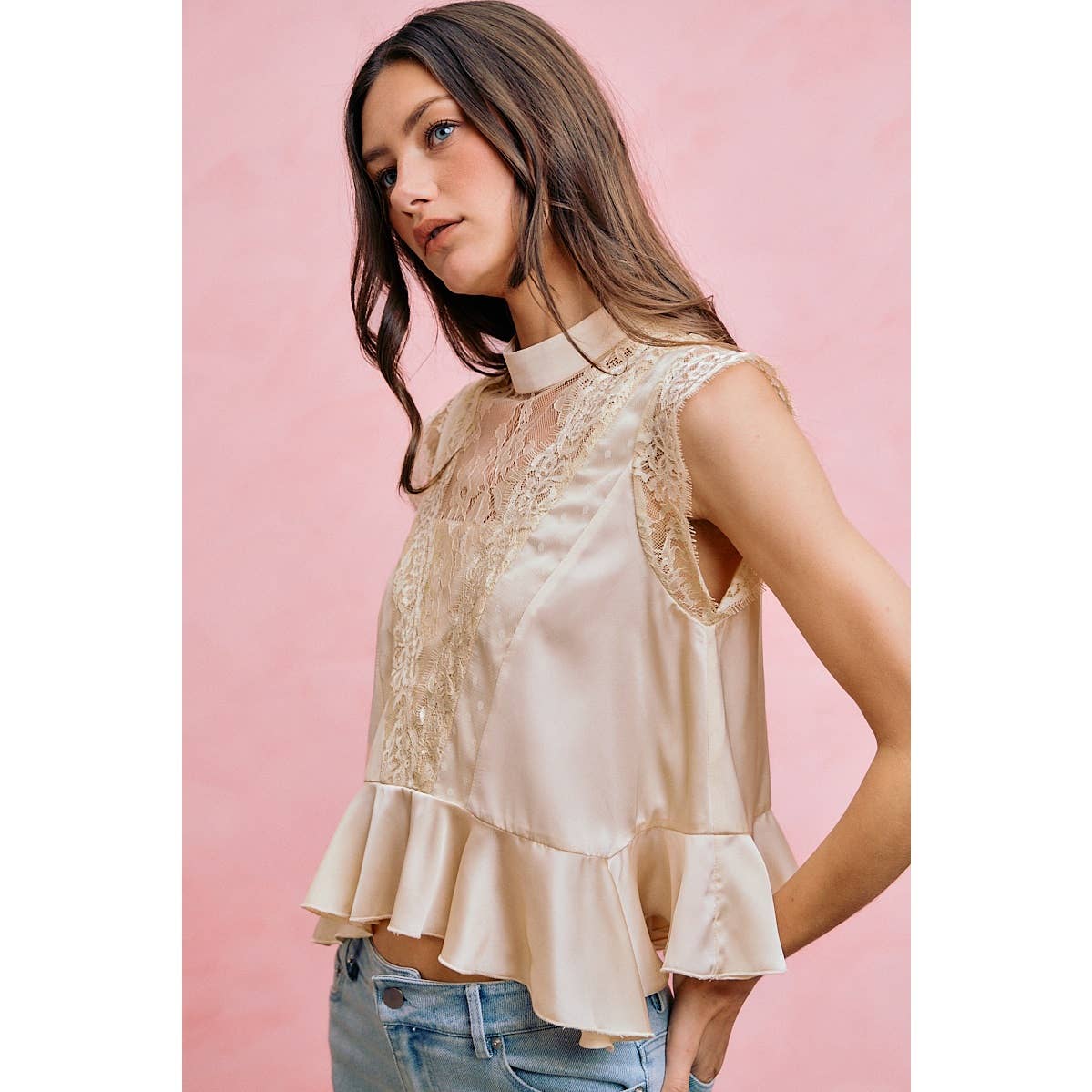 A New Arrival SATIN MOCK NECK LACE TRIM PEPLUM BLOUSE TOP: CREAM