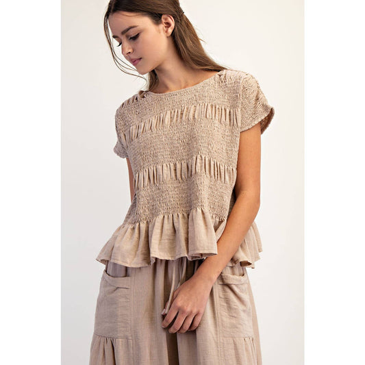 A New Arrival: RUCHED CREW NECK TOP: Taupe