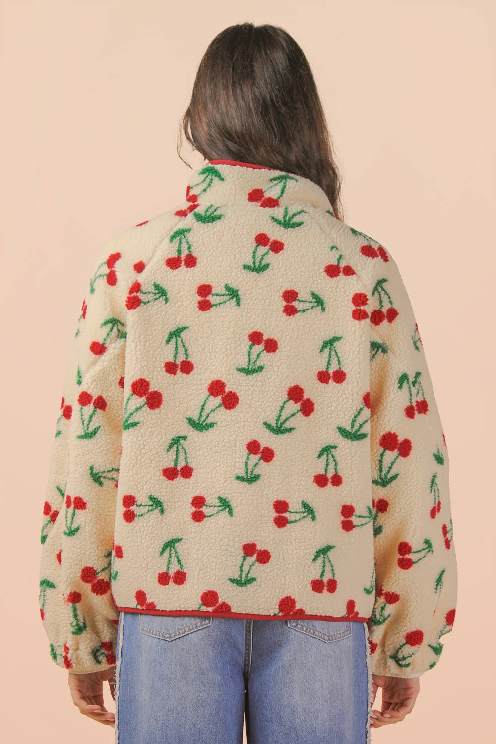 Cherry Printed Fleece Oversized Jacket: IVORY CHERRY