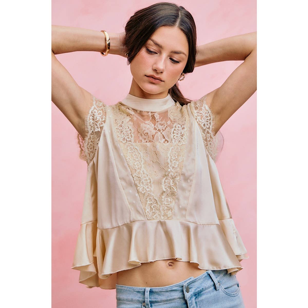 A New Arrival SATIN MOCK NECK LACE TRIM PEPLUM BLOUSE TOP: CREAM