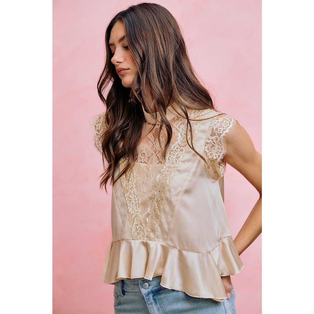 A New Arrival SATIN MOCK NECK LACE TRIM PEPLUM BLOUSE TOP: CREAM