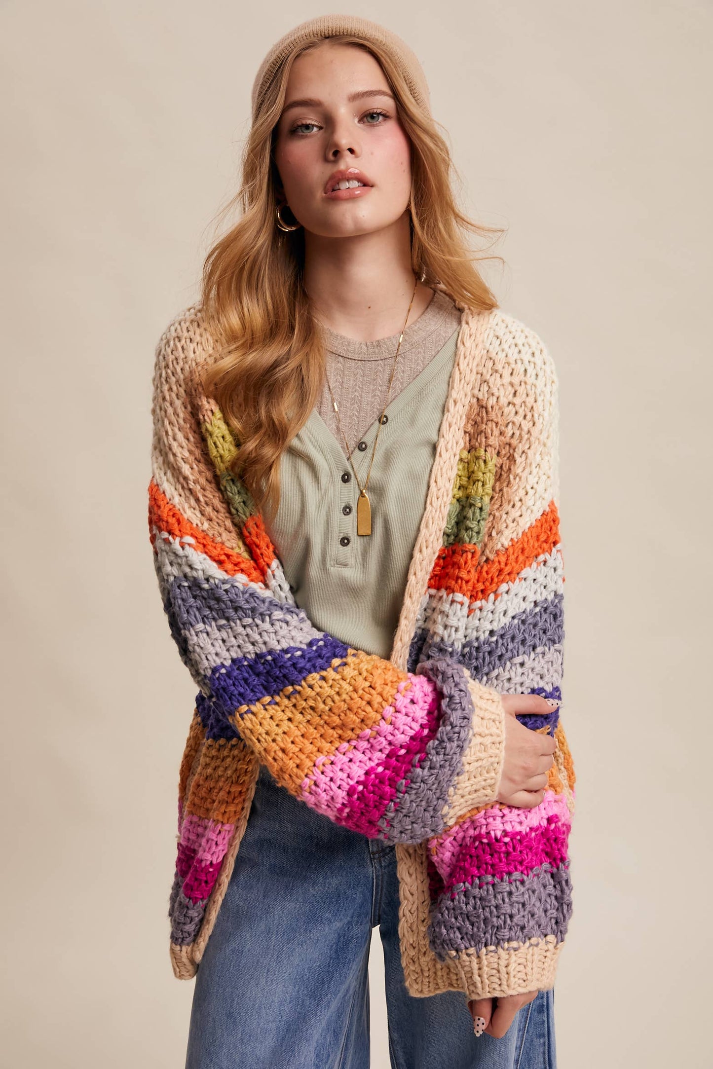 Rainbow Hand-Crochet Open Cardigan: Cream Multi