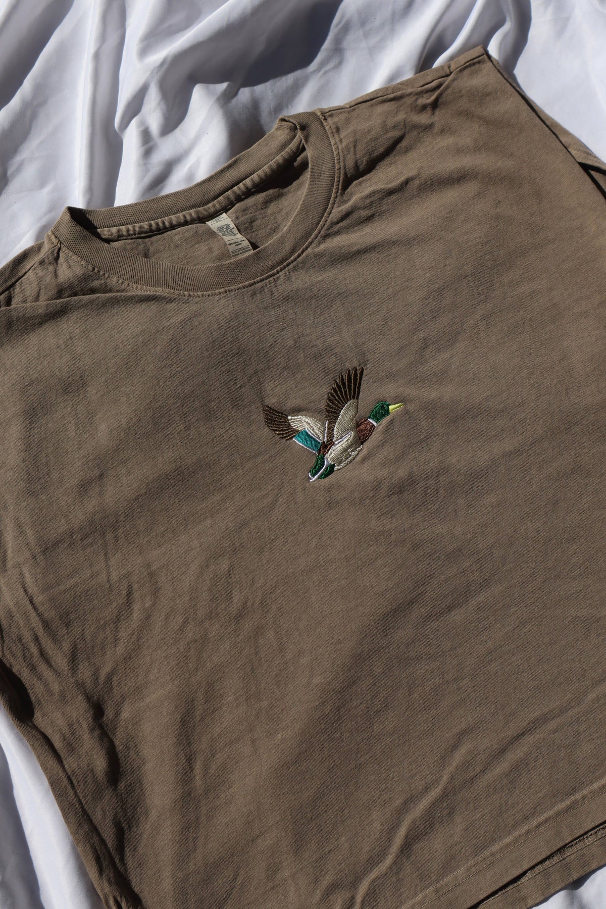 A New Arrival Embroidered Mallard Duck Cropped Muscle Tee, Tank Top, Crop Fit, Unisex, Adult: FADED BROWN