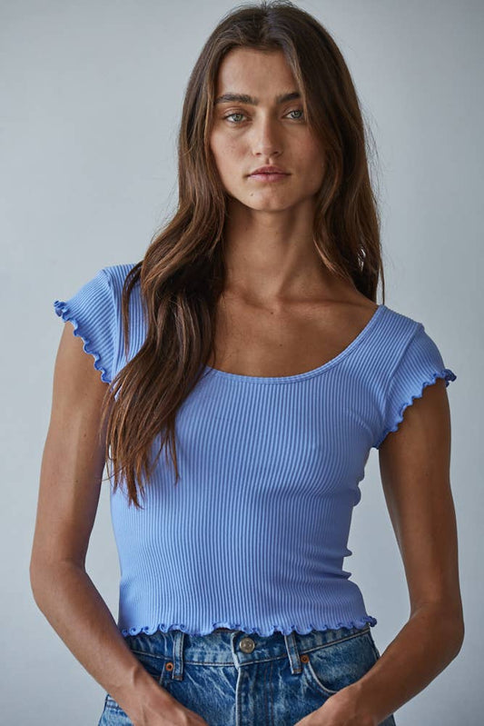 A New Arrival                     Knit Seamless Ribbed Merrow Detail Crop Top: Lilac Blue