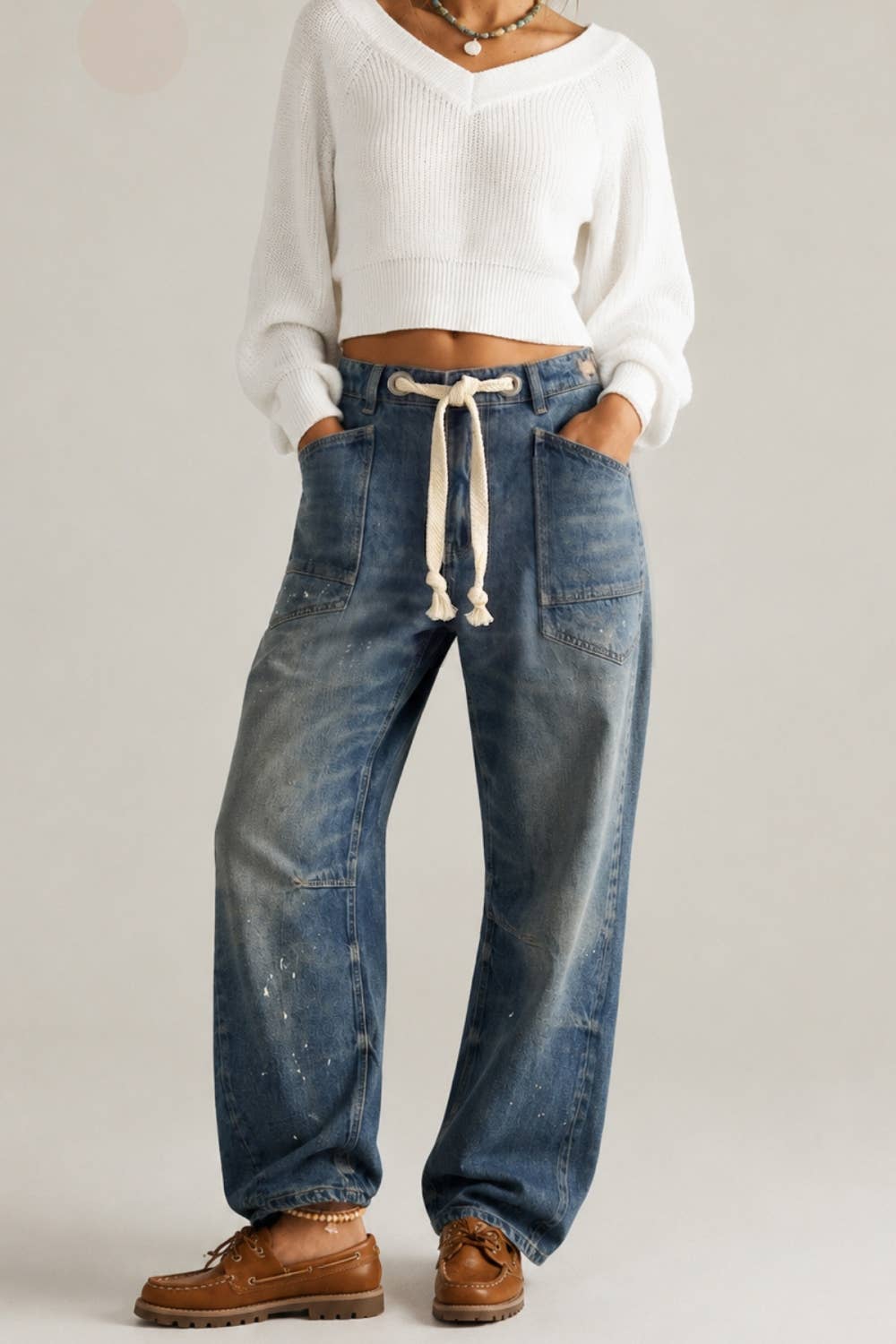 A New Arrival Paint Splatter Rope Tie Barrel Jeans: DARK DENIM