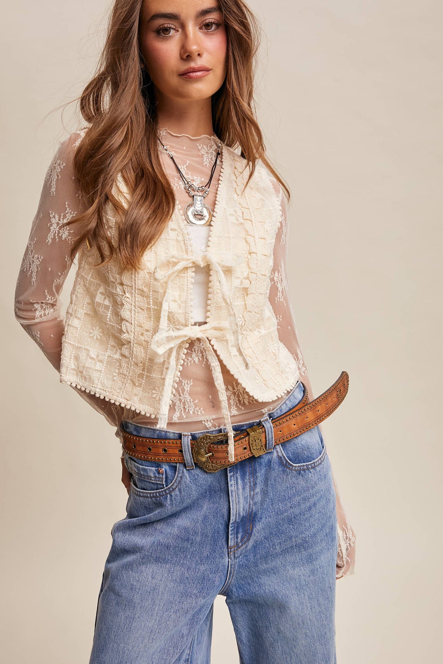 A New Arrival Embroidered Lace Tie-Front : Ecru