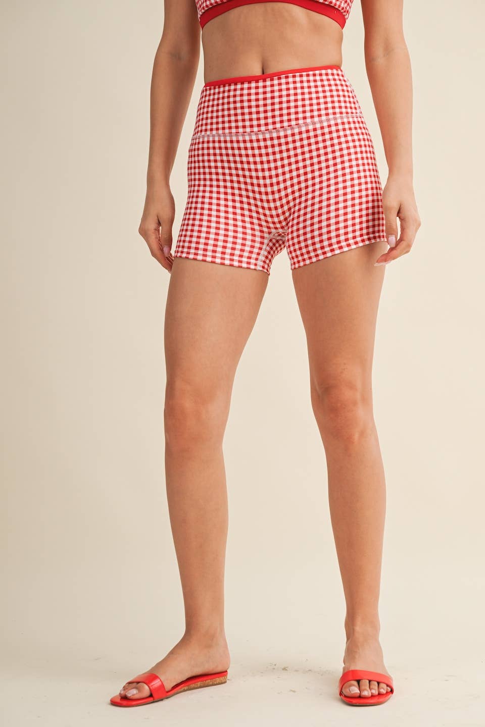 A New Arrival Gingham Print Contrast Binding Biker Shorts: Red Gingham