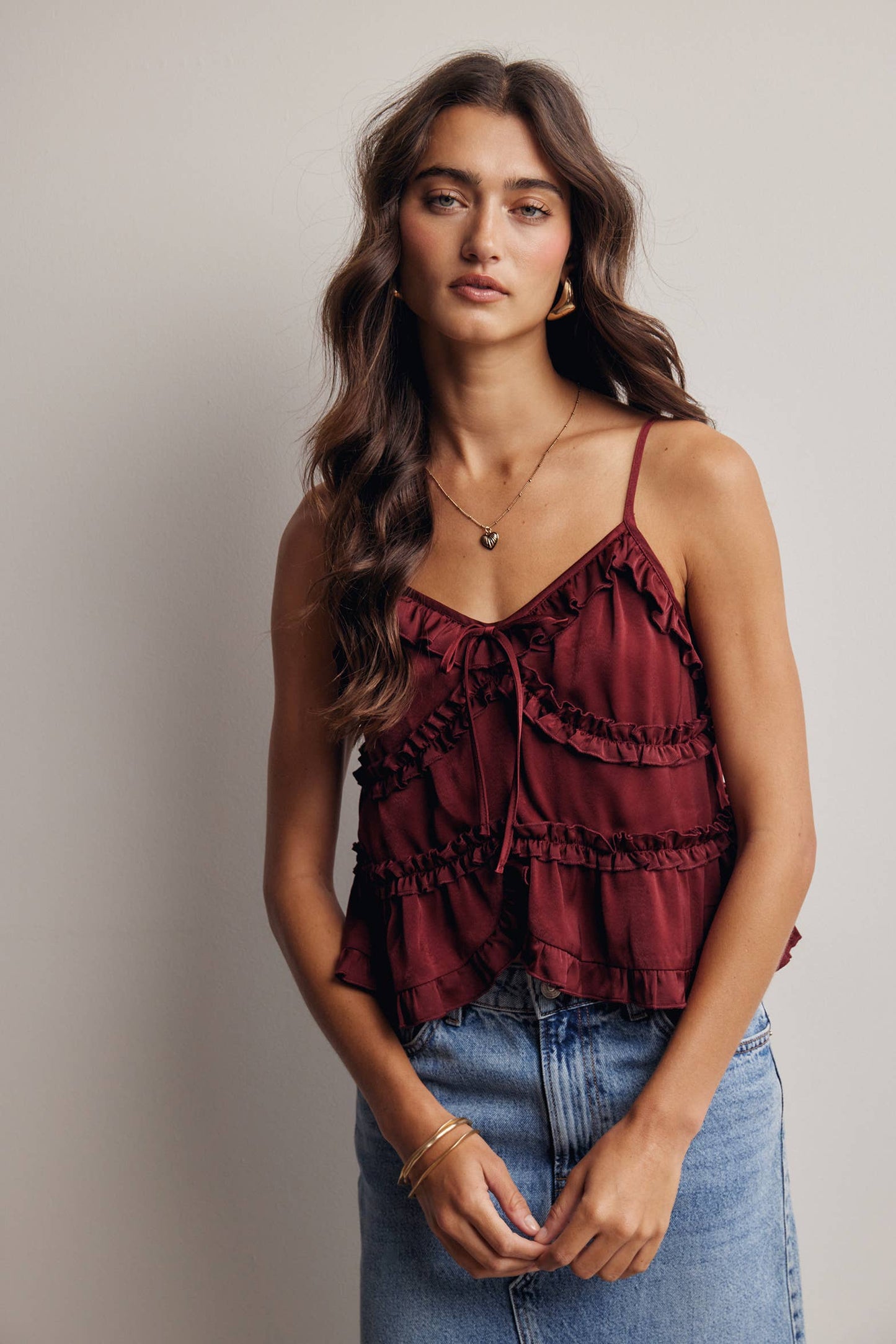 A New Arrival Ruffle Trim Tie Front Cami Top: Burgundy / Contemporary