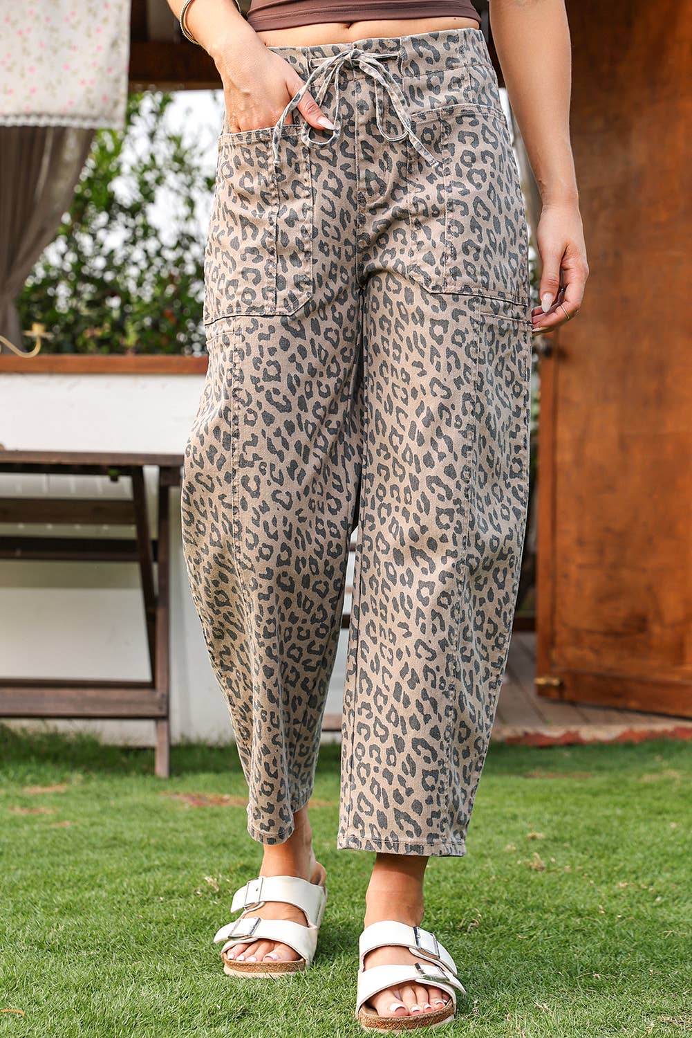 Leopard Drawstring Waist Pocketed Wide Leg Jeans