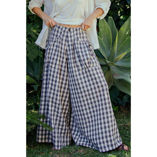 WIDE LEG CHECKER PANTS: Black