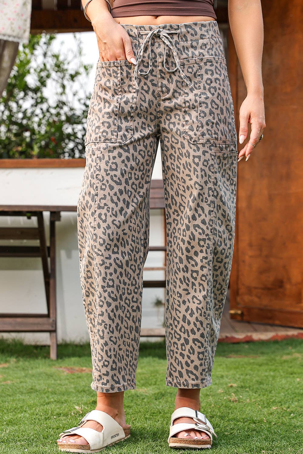 Leopard Drawstring Waist Pocketed Wide Leg Jeans