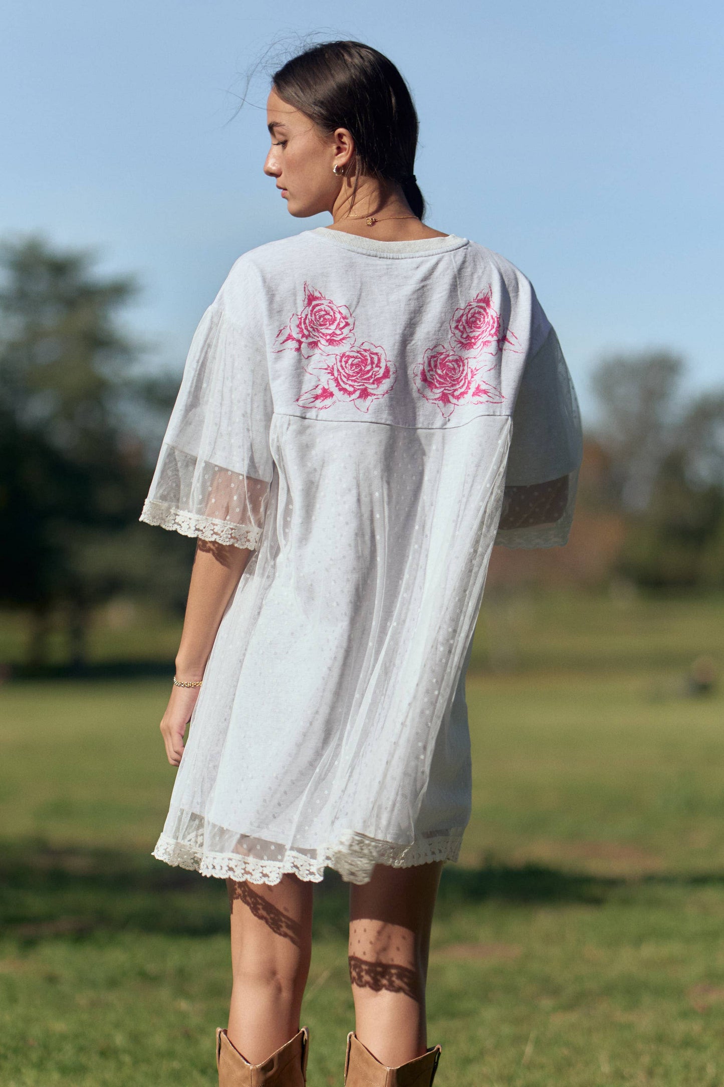 A New Arrival               ANGEL PRINTED TERRY DOTTED MESH LAYERED DRESS: Heather Grey