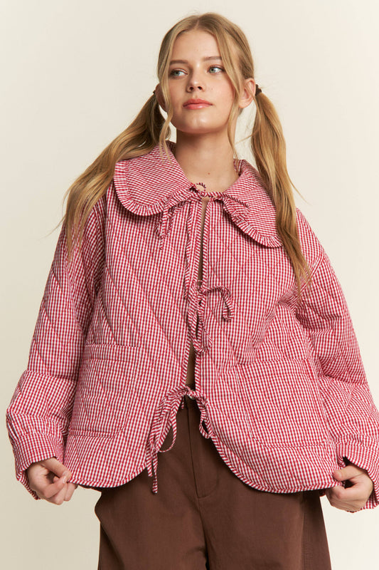 Gingham Collared Tie Front Quilted Jacket: Red