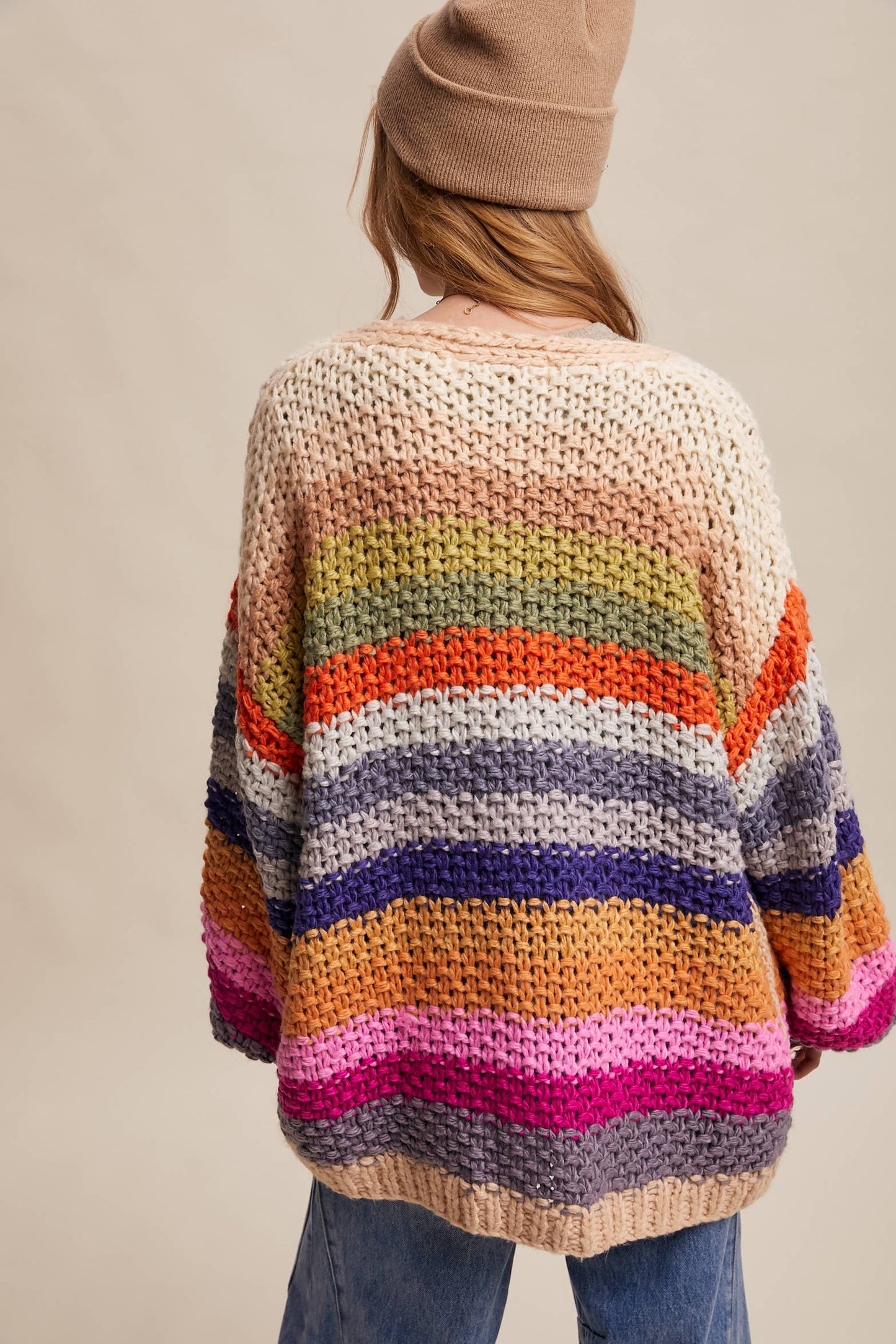 Rainbow Hand-Crochet Open Cardigan: Cream Multi