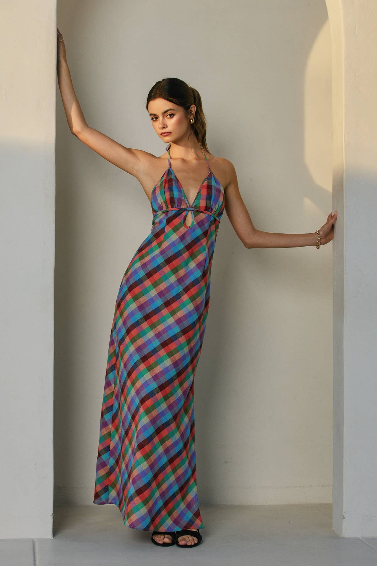 A New Arrival               Vibrant Vines Triangle Top Halter Maxi Dress: ROMANTIC PEONY