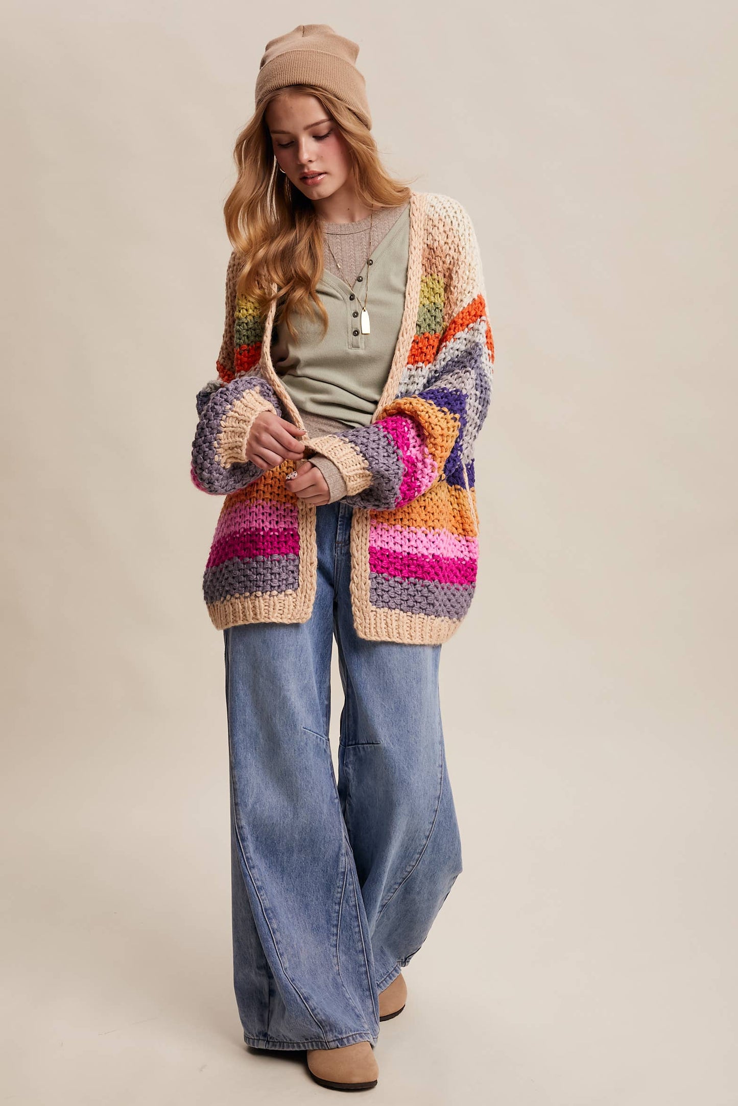 Rainbow Hand-Crochet Open Cardigan: Cream Multi
