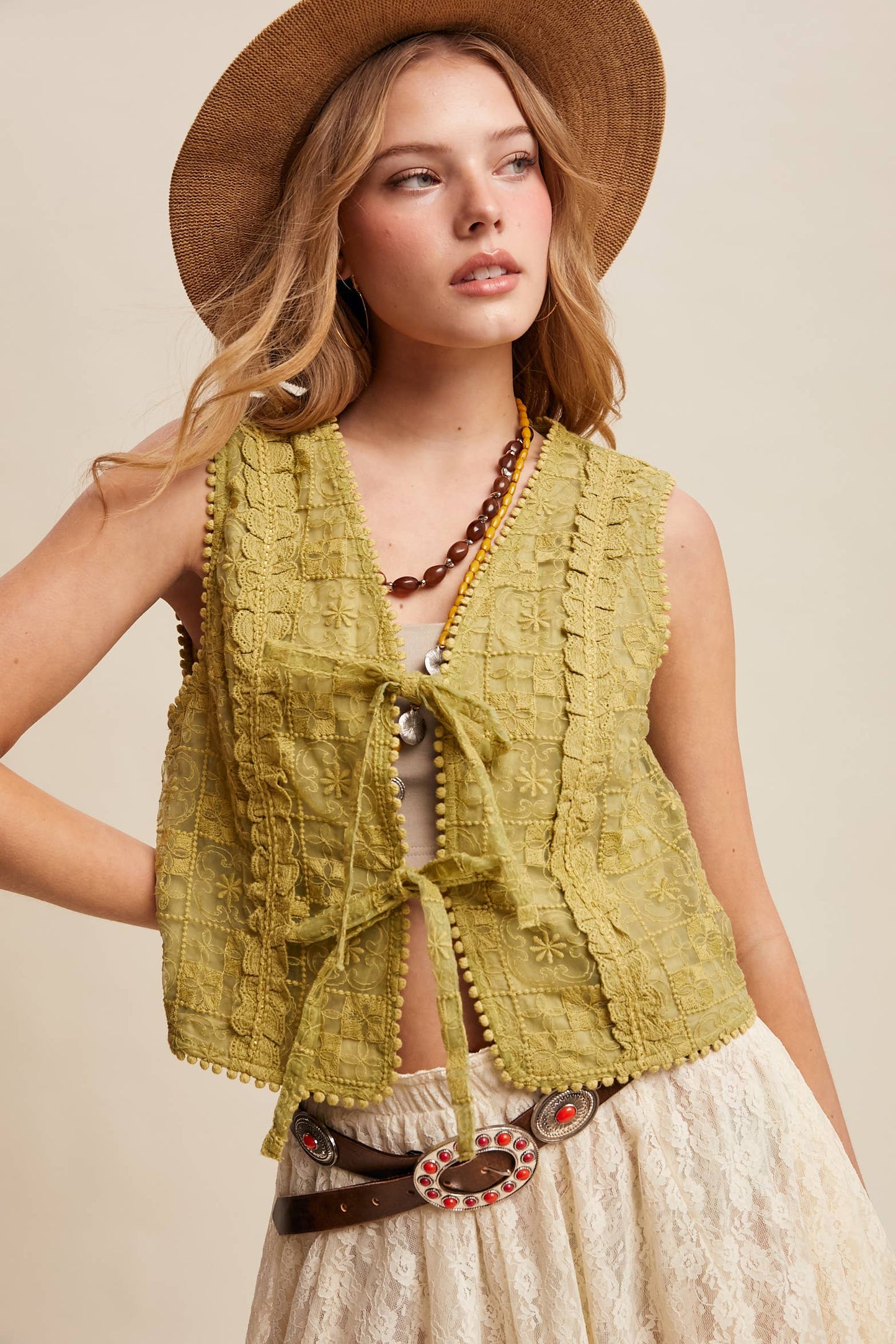 A New Arrival Embroidered Lace Tie-Front : Ecru