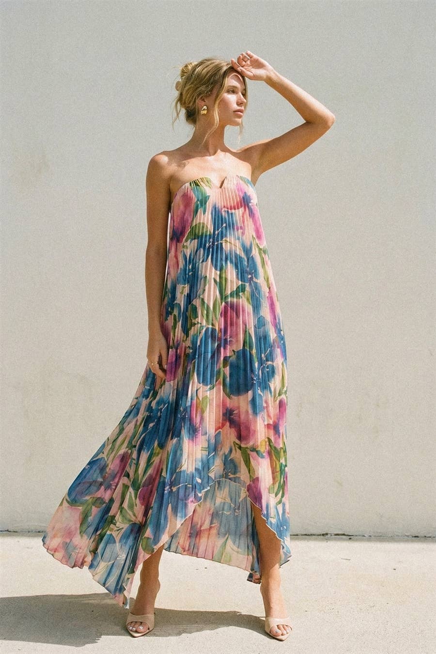 A New Arrival Floral Strapless Pleated Maxi Column Dress : LAPIS BLOOM