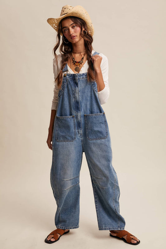 Western Wide-Leg Denim Overalls - Sunwashed Blue / Contemporary