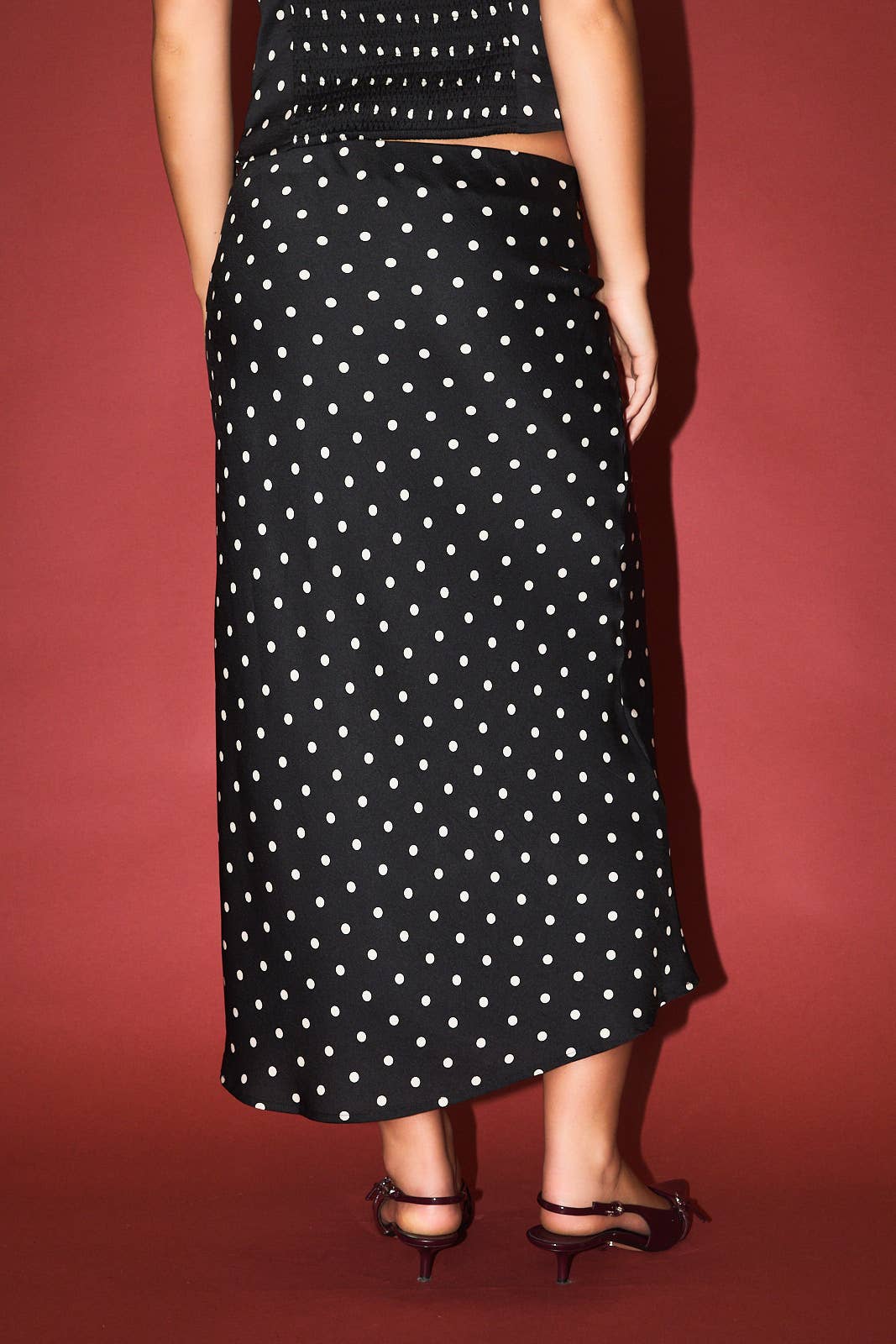 POLKA DOT MID RISE MAXI SKIRT: BLACK-WHITE DOT