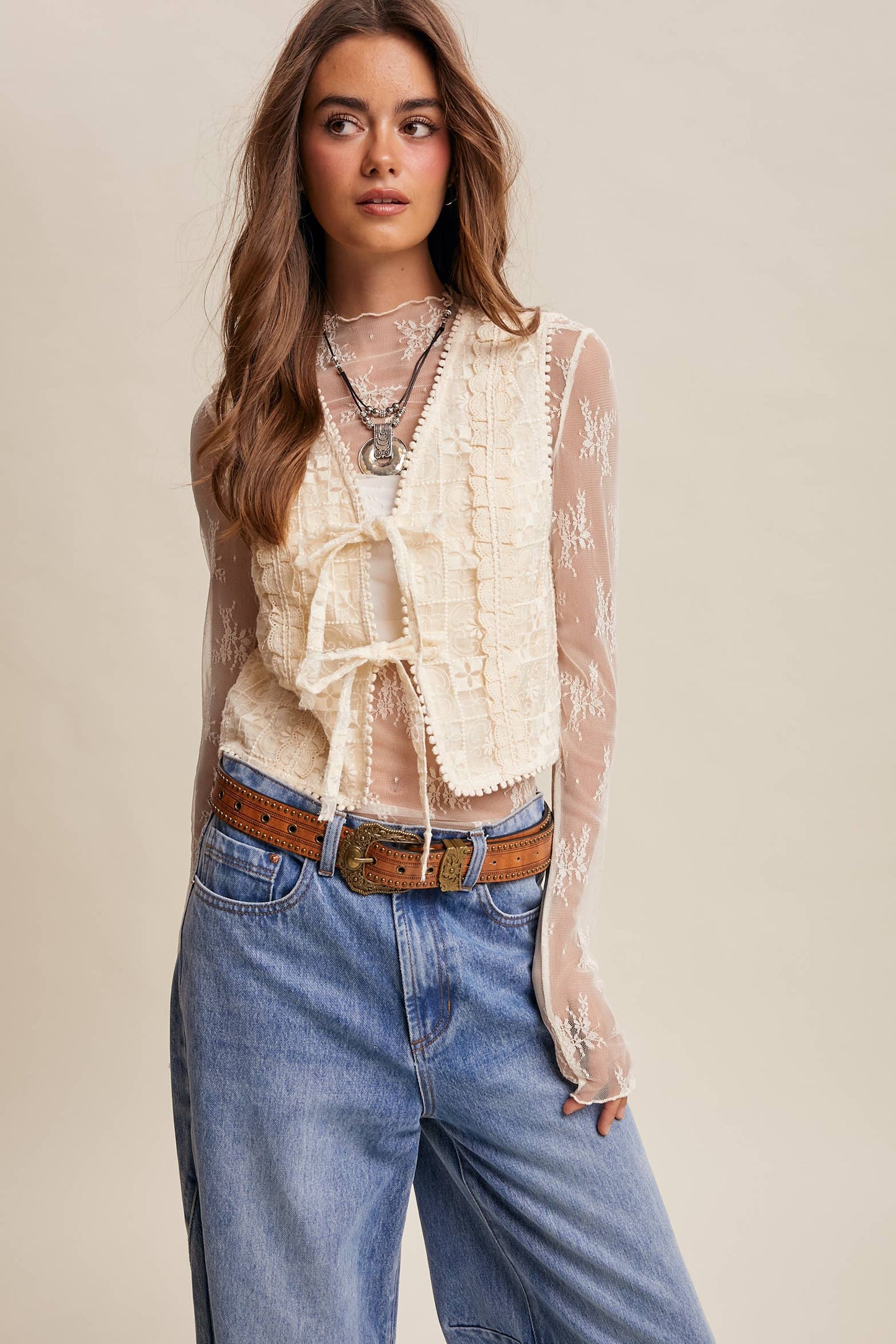 A New Arrival Embroidered Lace Tie-Front : Ecru