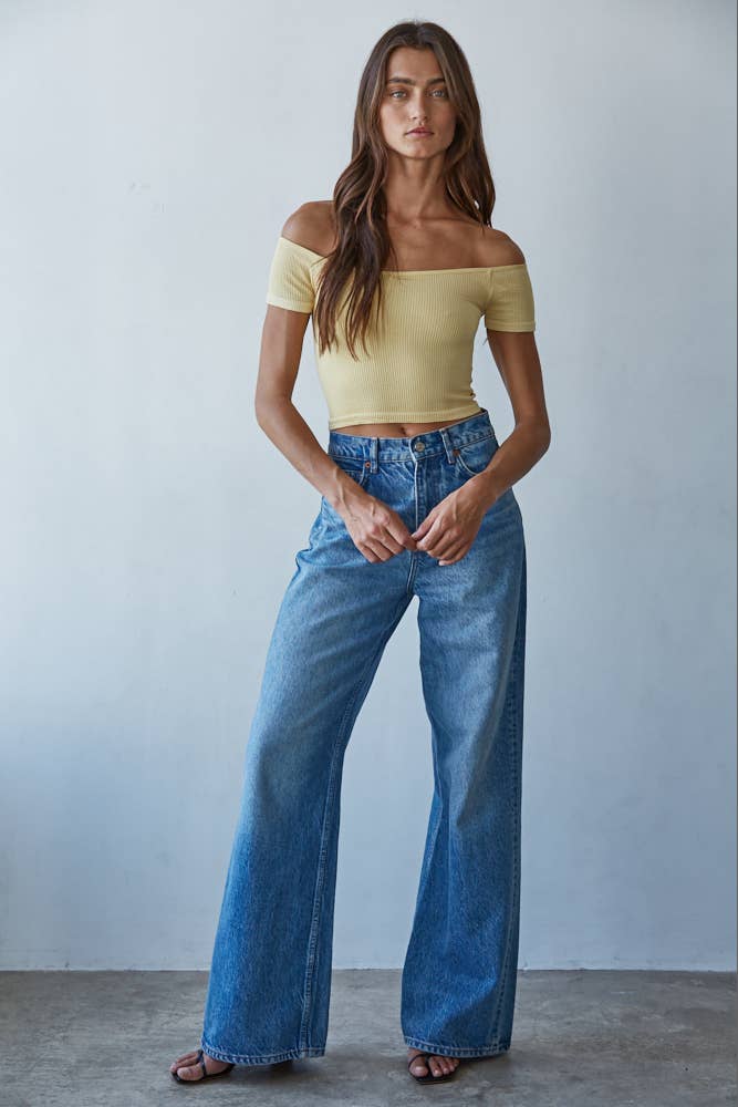 A New Arrival Knit Seamless Ribbed Off Shoulder Crop Top: Butter Yellow