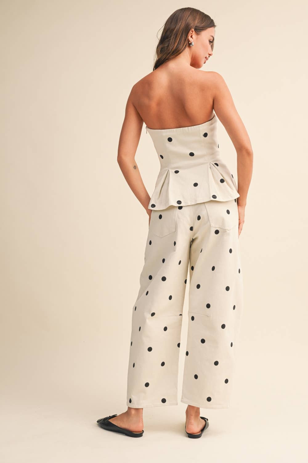 A New Arrival        POLKADOT STRAPLESS PEPLUM TOP AND BARREL PANTS SET: IVORY/BLACK