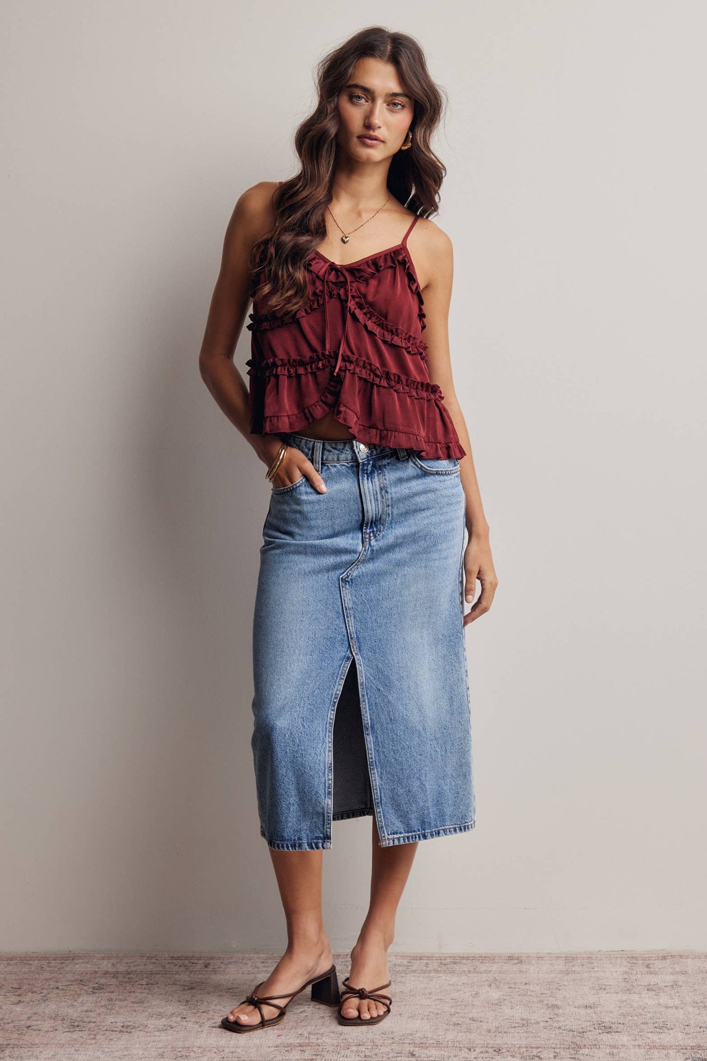 A New Arrival Ruffle Trim Tie Front Cami Top: Burgundy / Contemporary