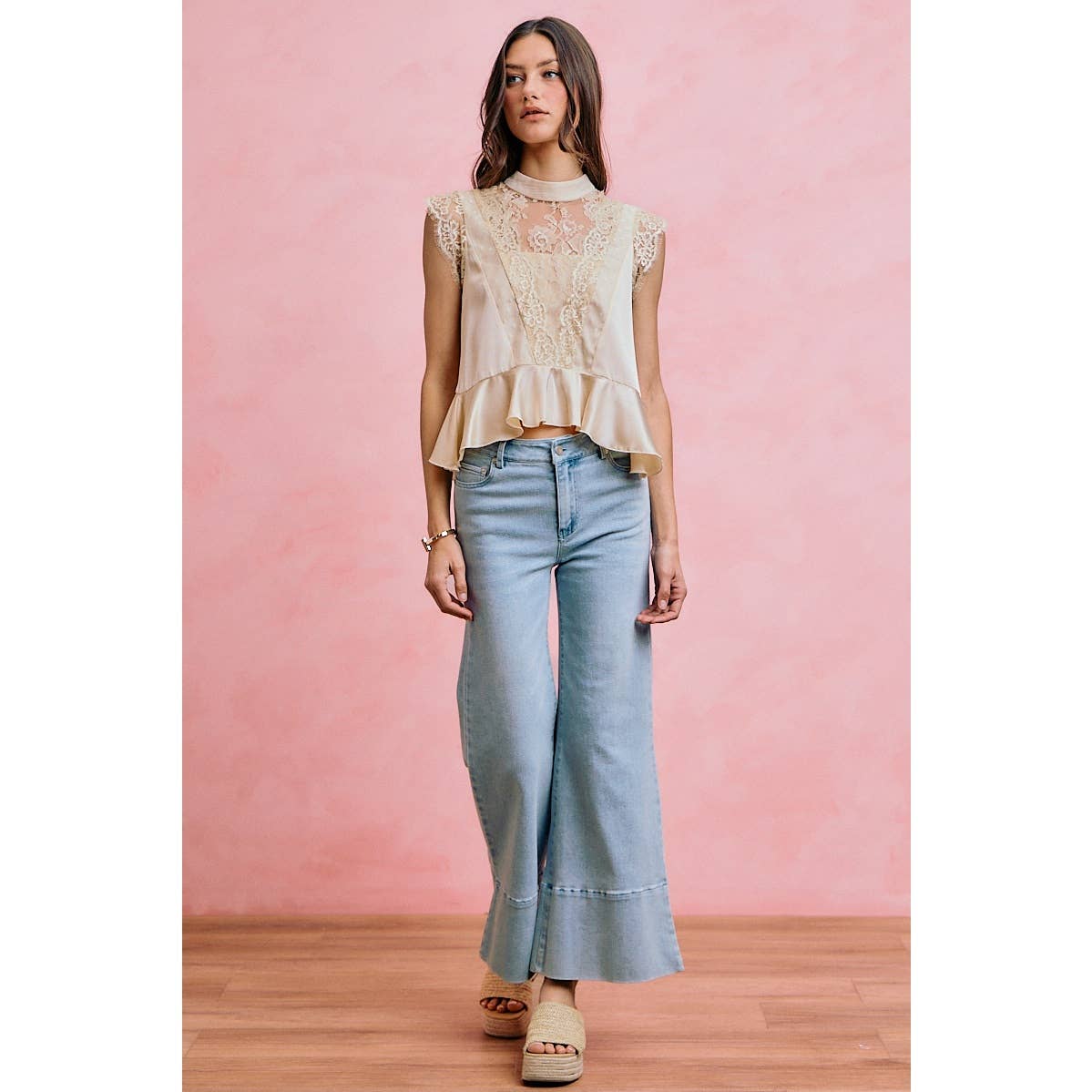 A New Arrival SATIN MOCK NECK LACE TRIM PEPLUM BLOUSE TOP: CREAM
