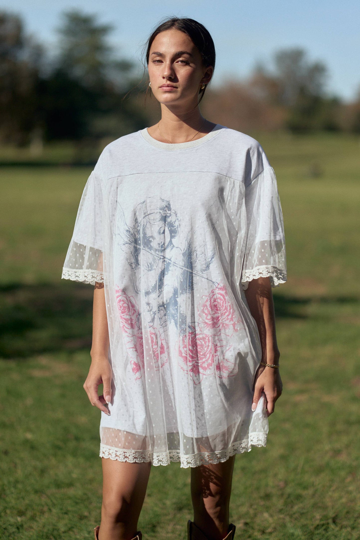 A New Arrival               ANGEL PRINTED TERRY DOTTED MESH LAYERED DRESS: Heather Grey