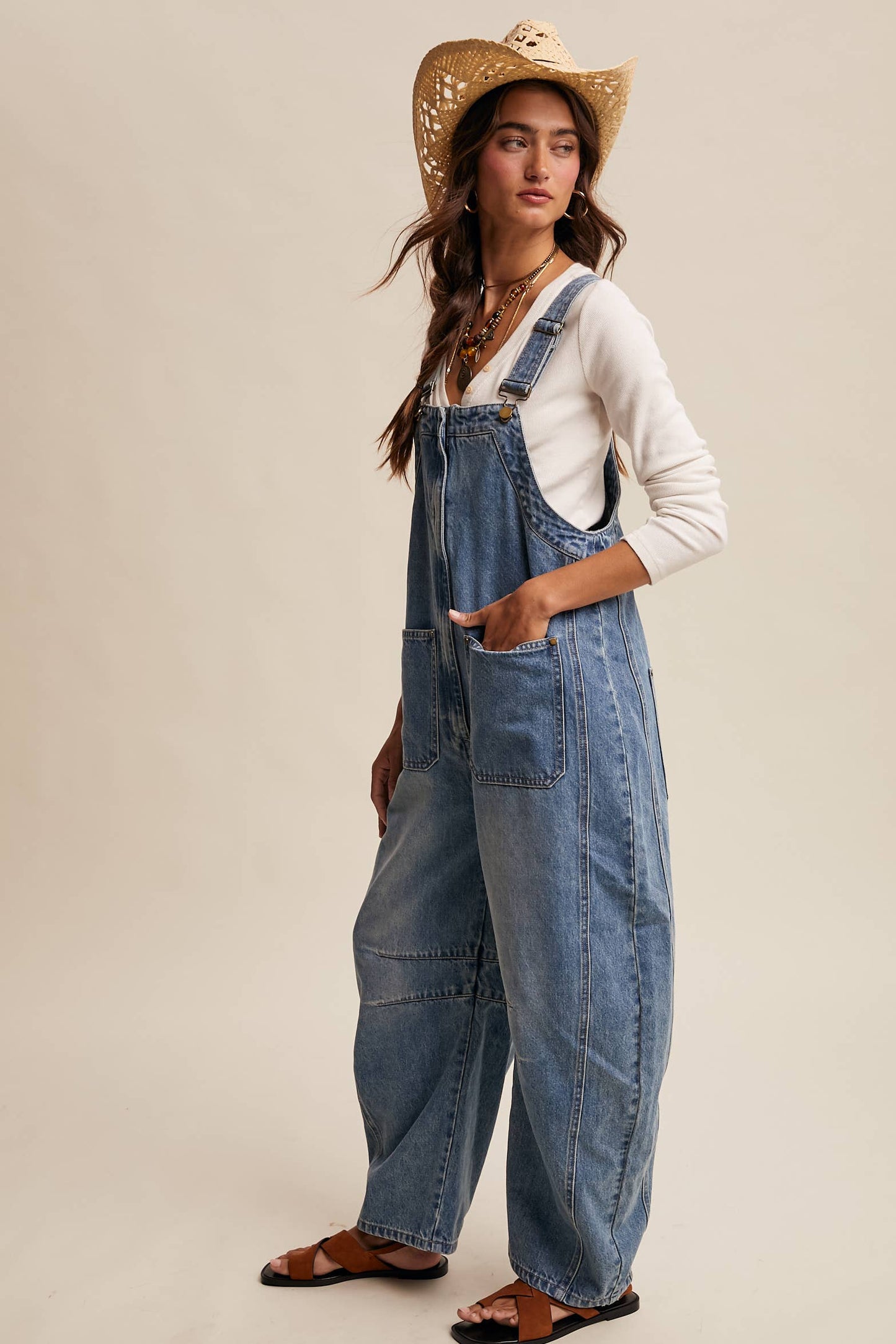 Western Wide-Leg Denim Overalls - Sunwashed Blue / Contemporary