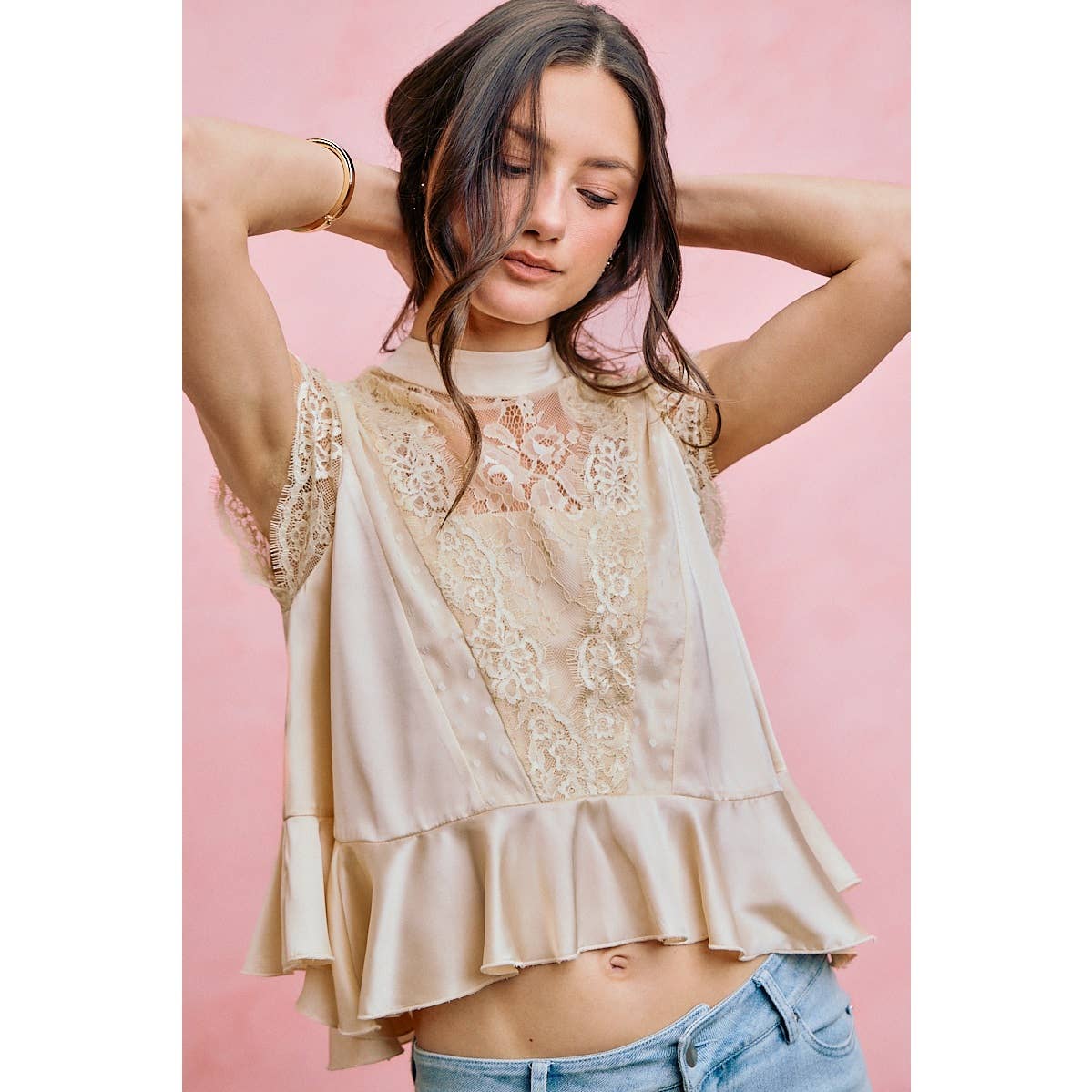 A New Arrival SATIN MOCK NECK LACE TRIM PEPLUM BLOUSE TOP: CREAM