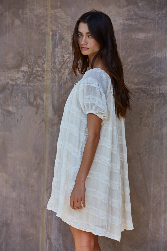 A New Arrival                Woven Polyester Pleated Lace Striped Mini Dress : Ivory