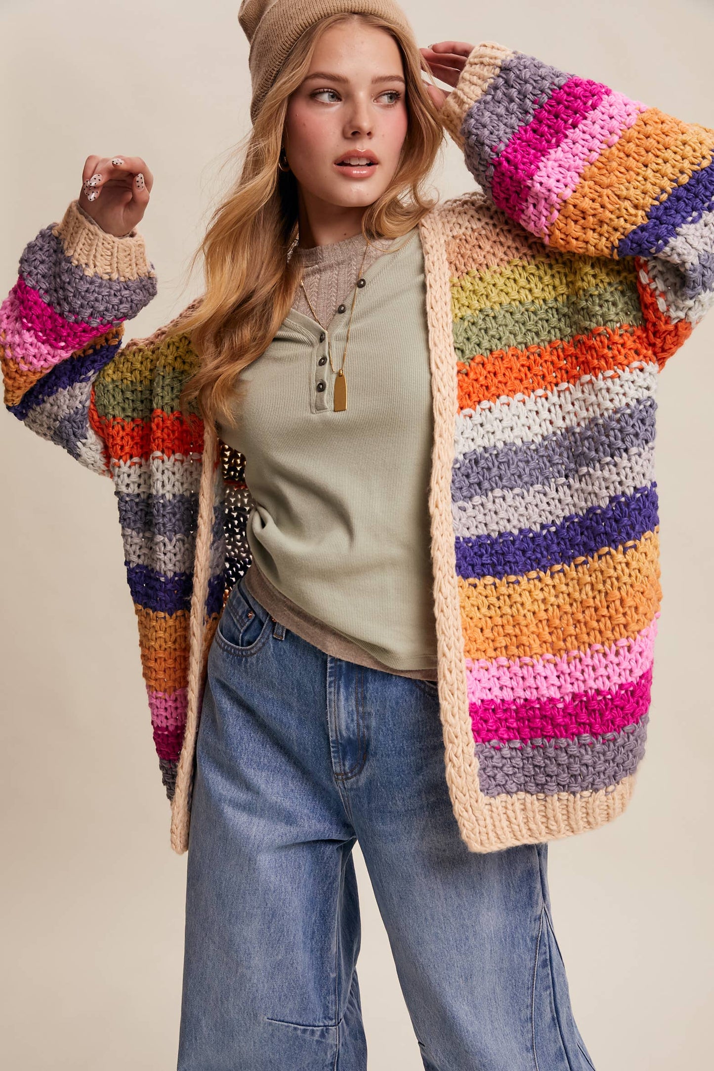 Rainbow Hand-Crochet Open Cardigan: Cream Multi