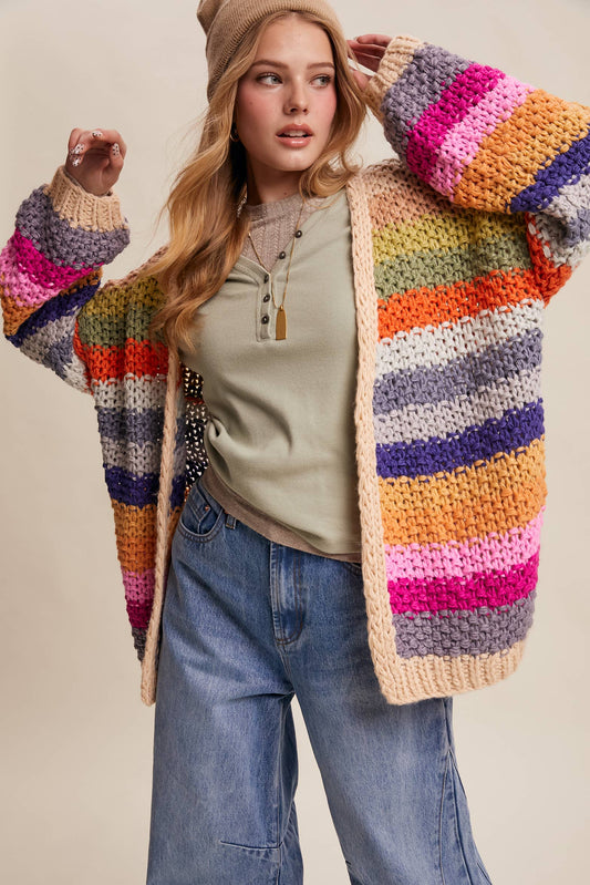 Rainbow Hand-Crochet Open Cardigan: Cream Multi
