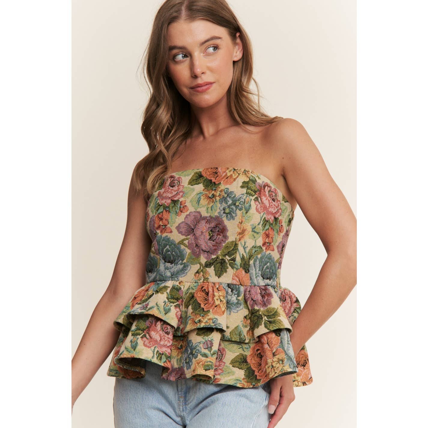 A New Arrival VINTAGE FLORAL PRINT WOVEN PEPLUM TIERED TUBE TOP: Blossom