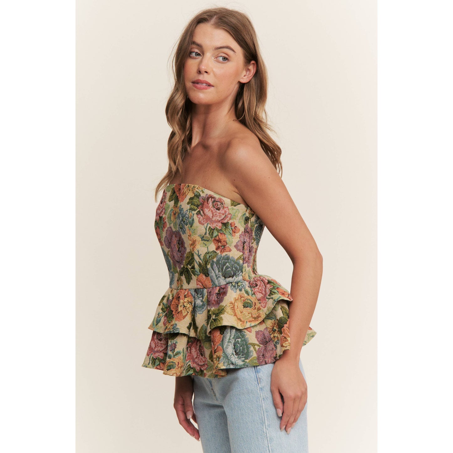 A New Arrival VINTAGE FLORAL PRINT WOVEN PEPLUM TIERED TUBE TOP: Blossom