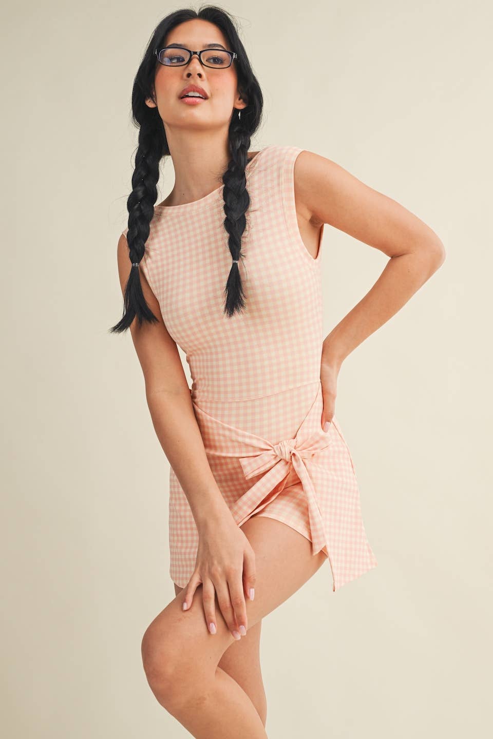 A New Arrival Gingham Print Sleeveless Wrap Tie Front Dress : Pink Gingham