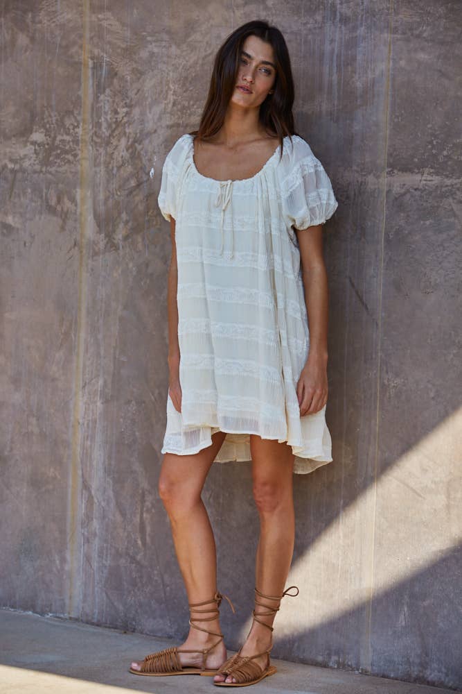 A New Arrival                Woven Polyester Pleated Lace Striped Mini Dress : Ivory