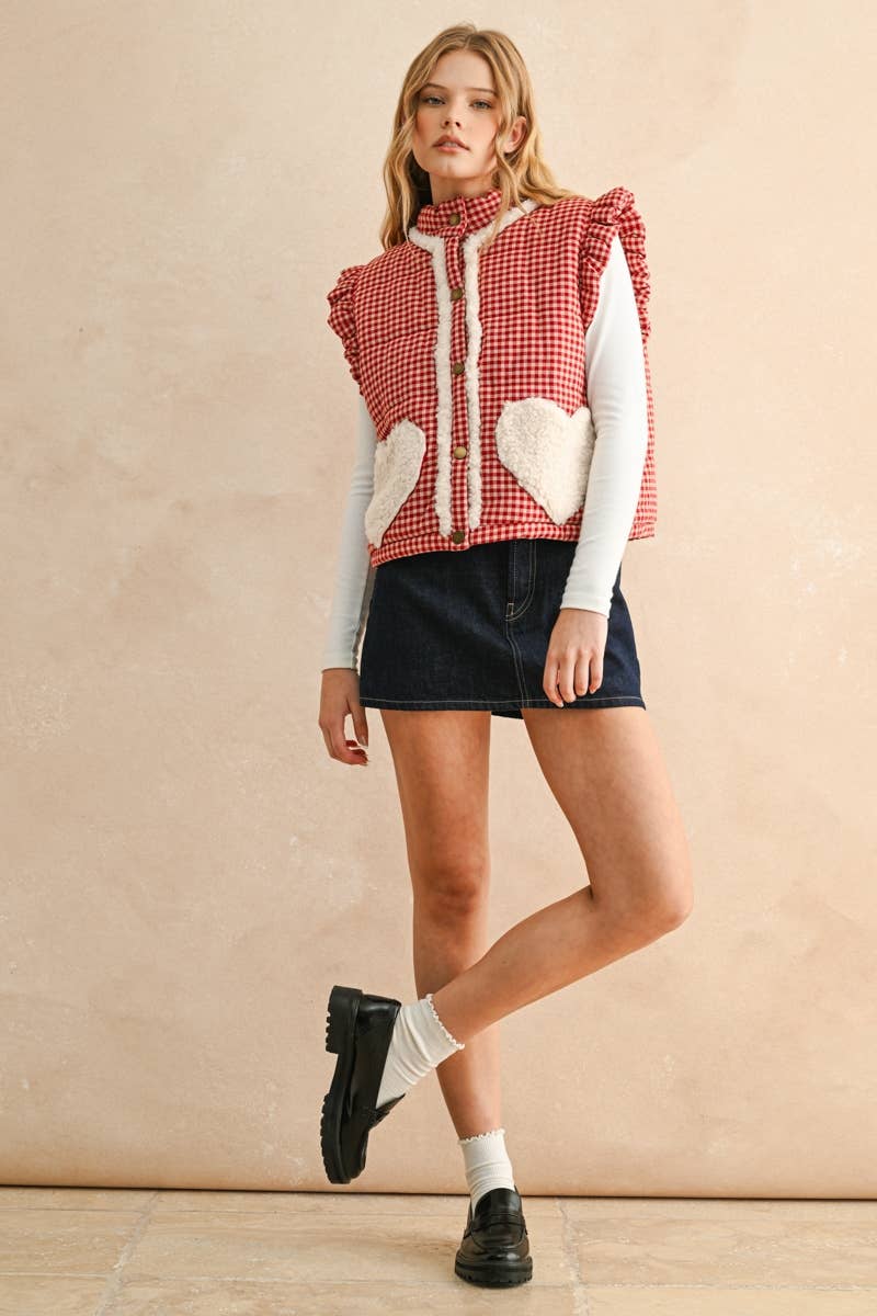 GINGHAM PATTERN SHERPA POCKET VEST: Red