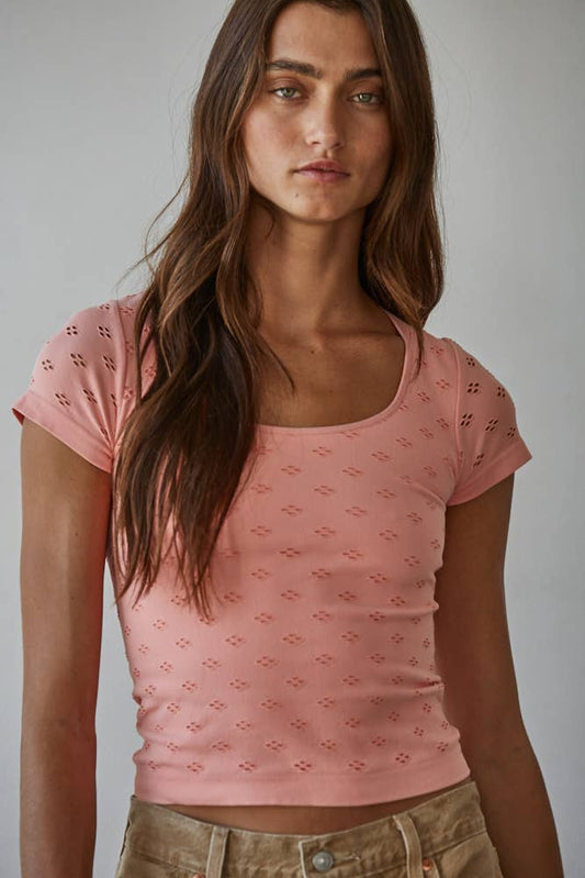 A New Arrival Seamless Eyelet Round Neck Short Sleeve Top: Peaches N Cream