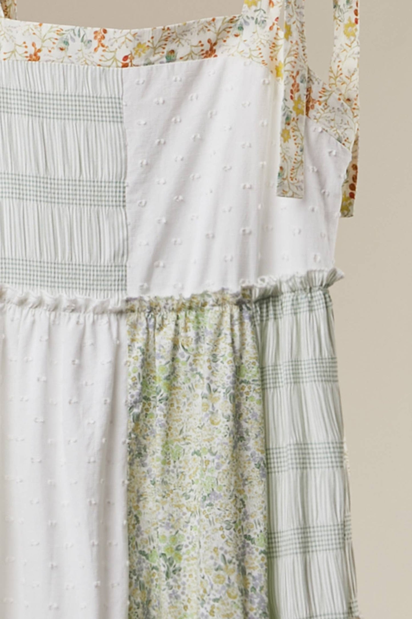 A New Arrival Patchwork Tie-Shoulder Tiered Maxi Dress: Ivory Multi